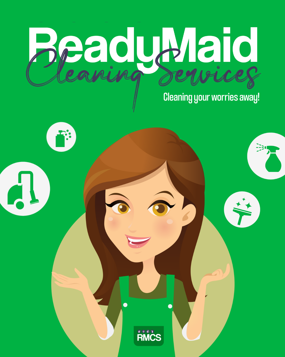 Green promotional poster for Beady Maid cleaning services featuring a cartoon woman with brown hair, wearing a green apron, smiling with arms open, surrounded by icons of cleaning supplies.