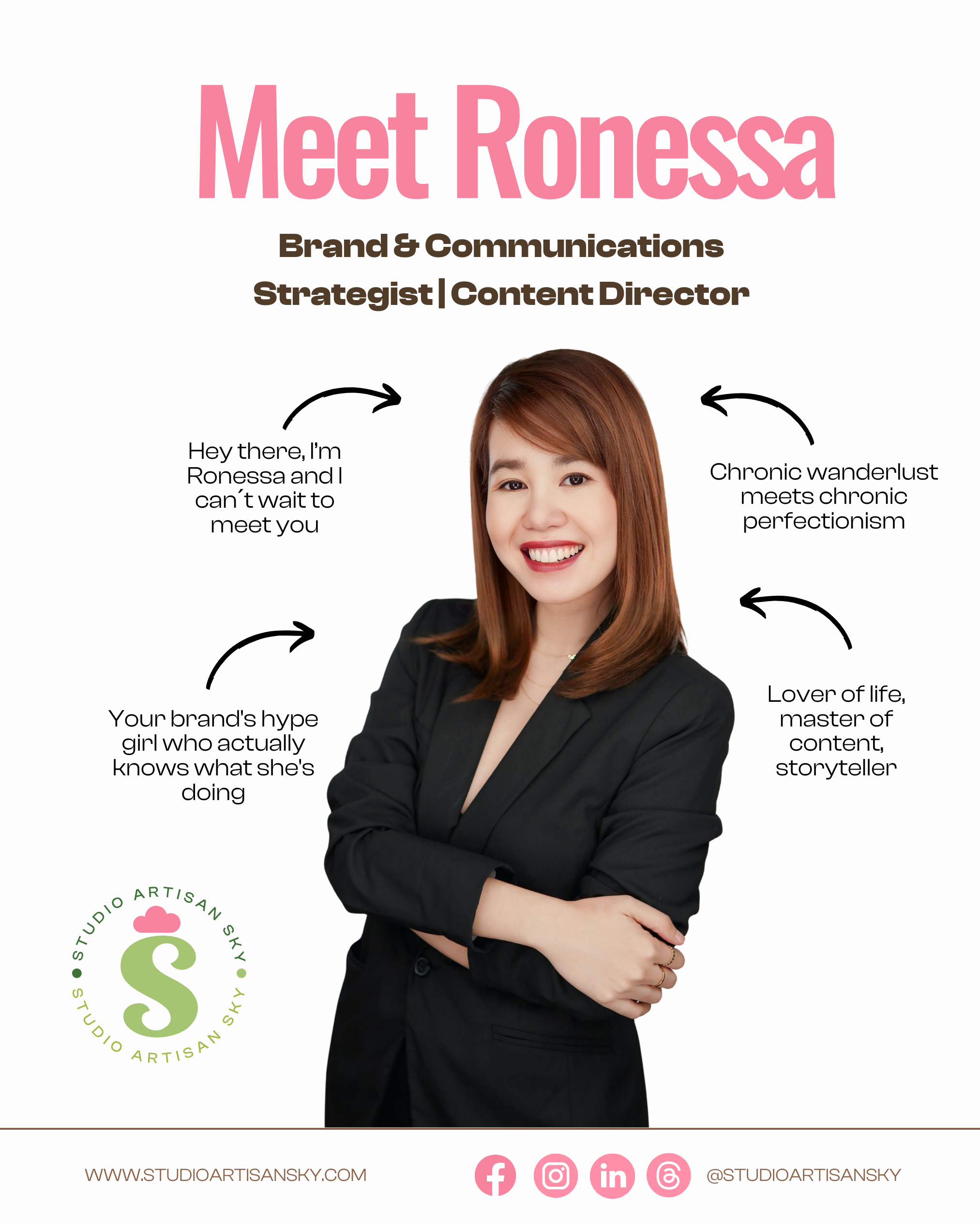 Photograph of Ronessa, a brand and communications strategist and content director, smiling with arms crossed, with text overlay introducing her and describing her qualities, including a tagline about her love for content and storytelling, and website and social media information.