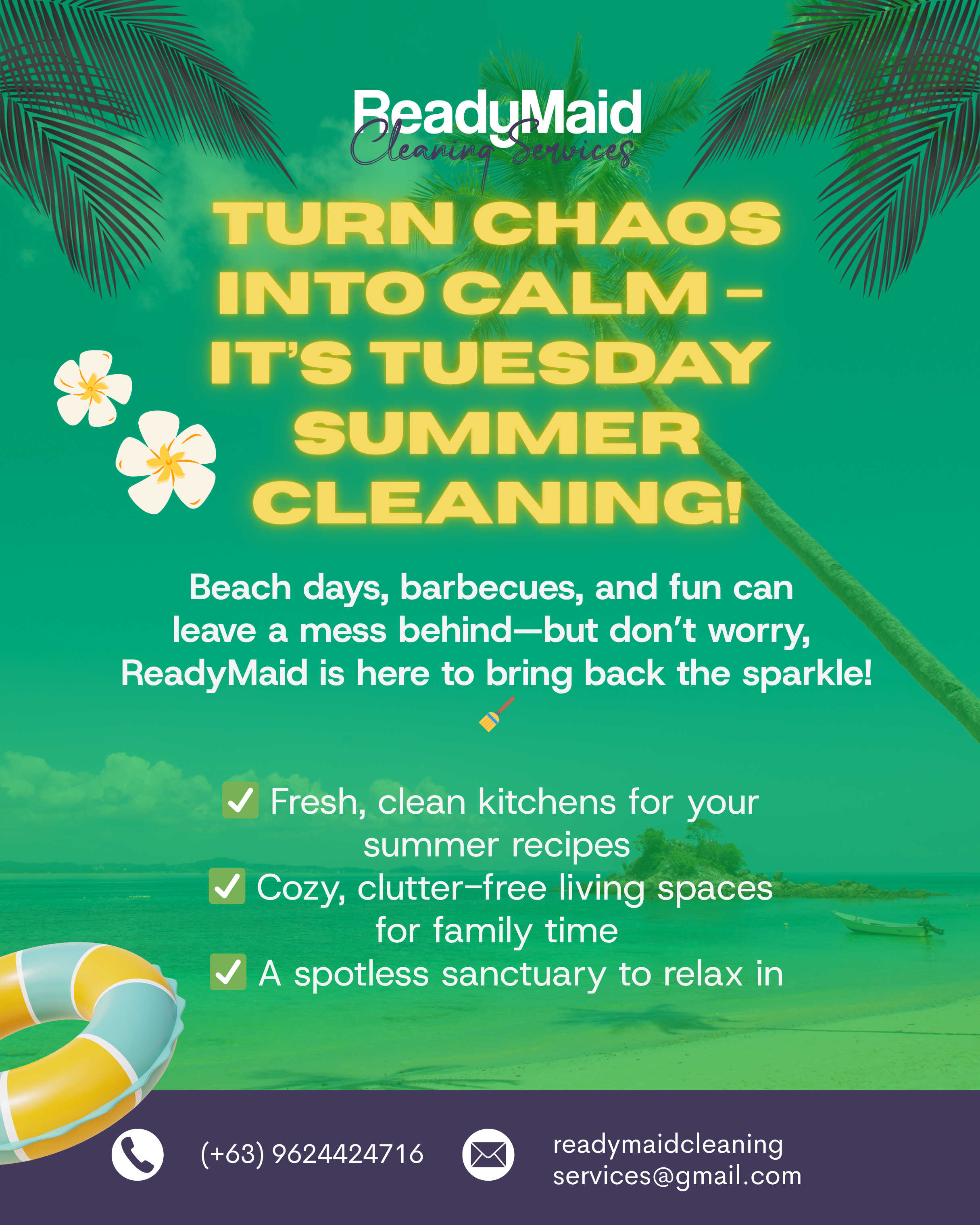 A colorful summer-themed flyer advertising ReadyMaid cleaning services, with tropical palm trees, flowers, and a beach background. The flyer promotes turning chaos into calm with cleaning, highlighting kitchen cleaning, clutter management, and creating a tranquil sanctuary, including contact information.