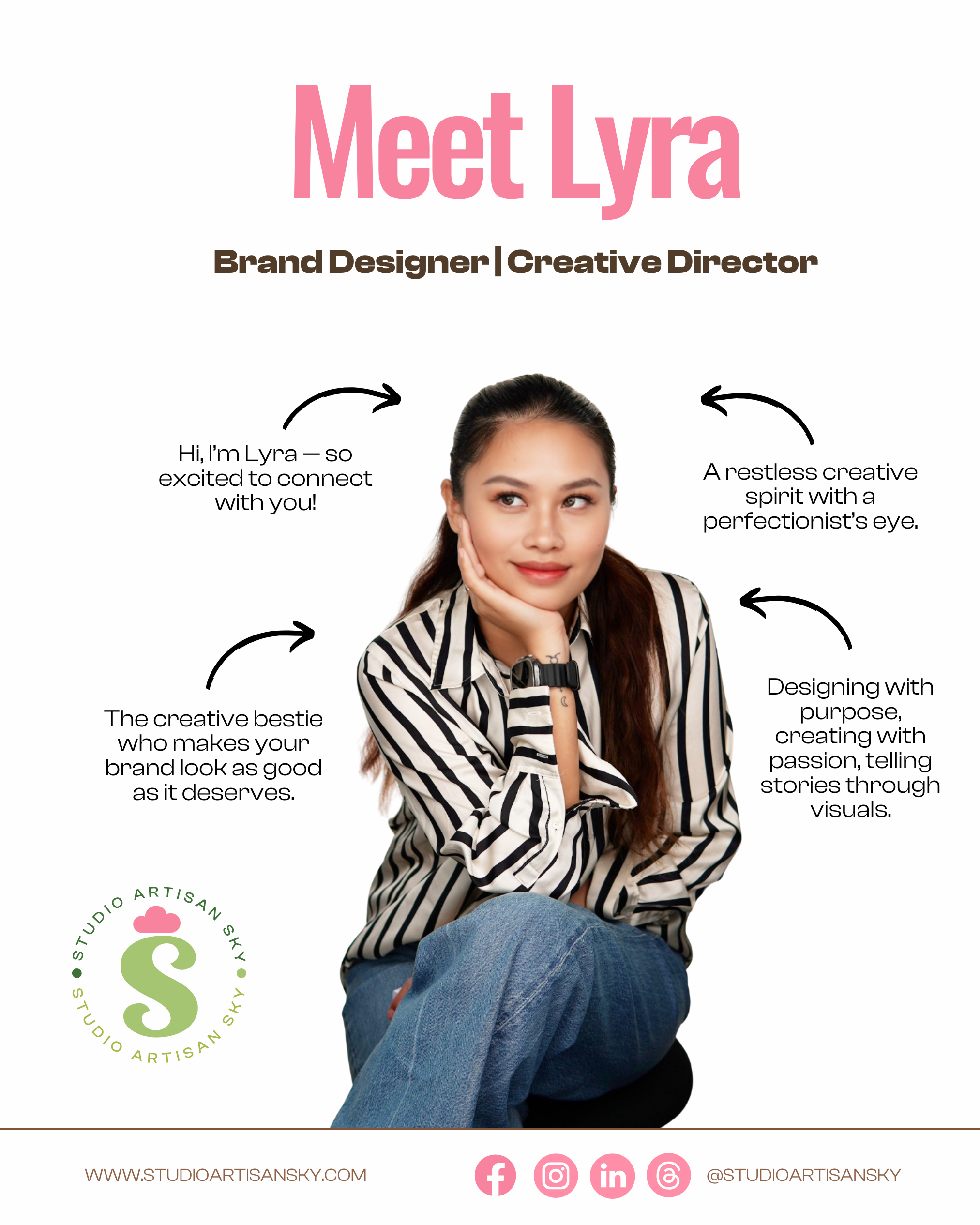 A woman with long dark hair wearing a striped shirt, sitting with her hand on her chin, with text and arrows pointing to her, introducing her as Lyra, a brand designer and creative director.