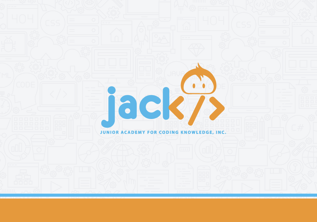 Logo of Jack Junior Academy for Coding Knowledge, Inc. featuring the word 'jack' in blue with a stylized robot face in between the words and coding brackets, set against a light background with coding and technology icons.