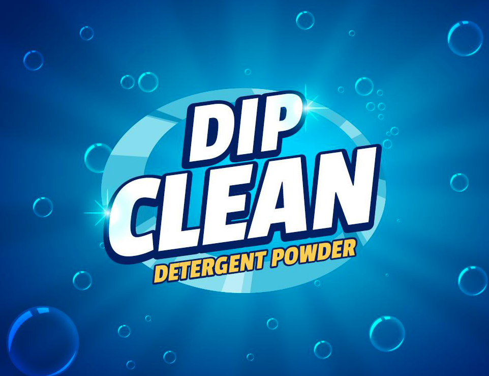 Close-up of a label for Dip Clean detergent powder with a blue background and bubble graphics.