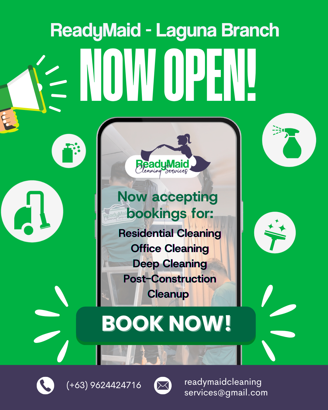 Green promotional poster for ReadyMaid Laguna Branch announcing new opening and booking options for cleaning services, with icons of cleaning tools and contact information at the bottom.