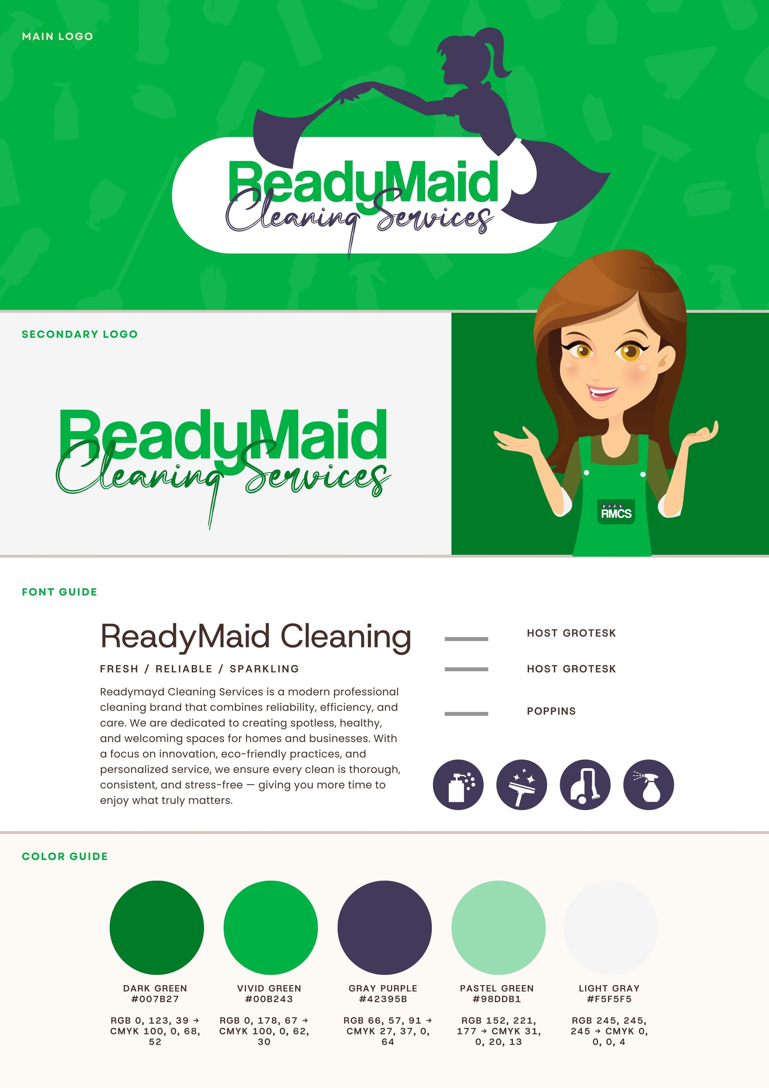 A branding and marketing style guide for ReadyMaid Cleaning Services, featuring the main logo with a female figure holding a cleaning cloth, the secondary logo with a smiling woman in a green apron, and color palette information including dark green, vivid green, gray purple, pastel green, and light gray.