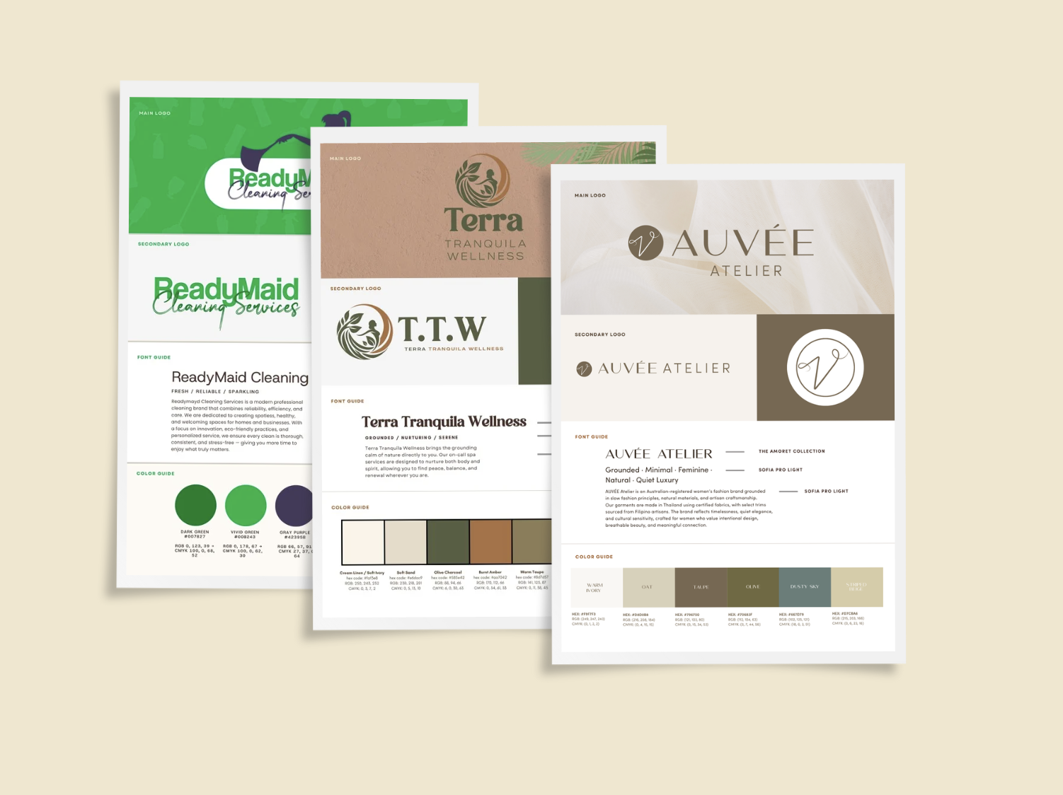 Three sets of branding style guides for different companies, each with their logos, font, and color palettes, placed on a beige background.