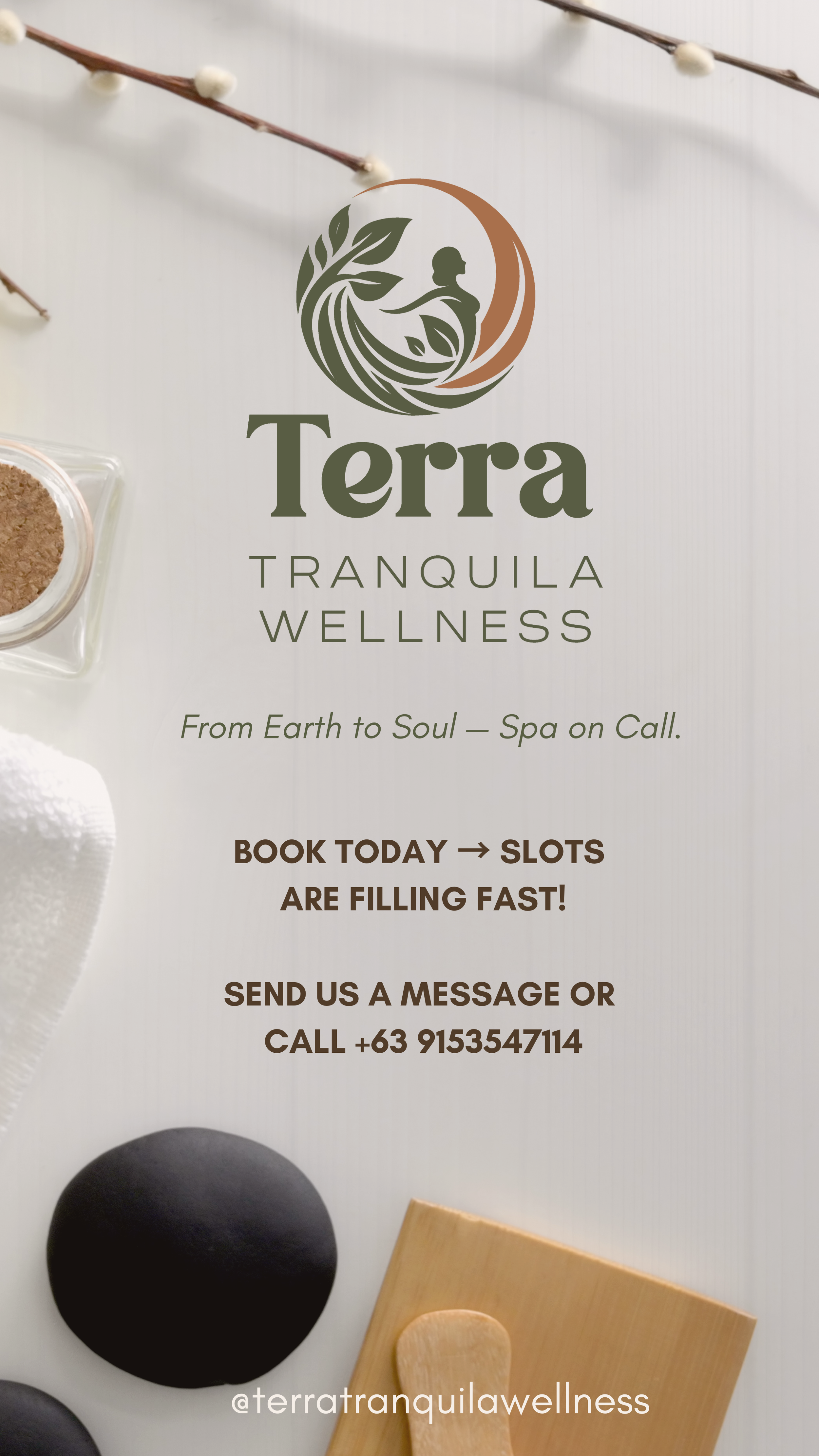 Flyer for Terra Tranquil Wellness spa, offering booking information and highlighting that slots fill quickly.