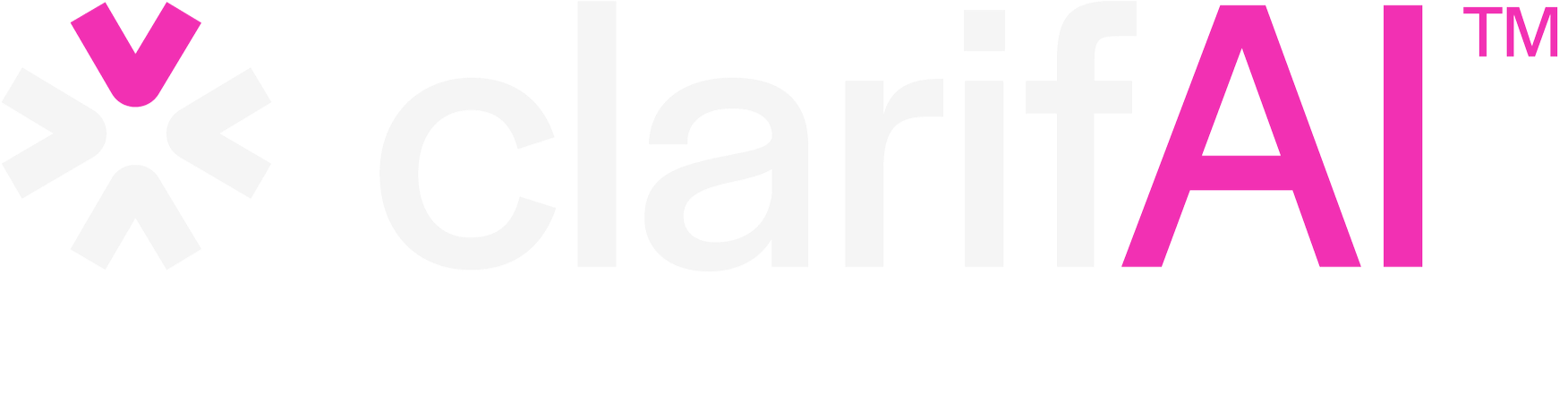 Logo of ClarifAI with a stylized asterisk symbol in pink and white next to the company name in black, gray, and pink letters.