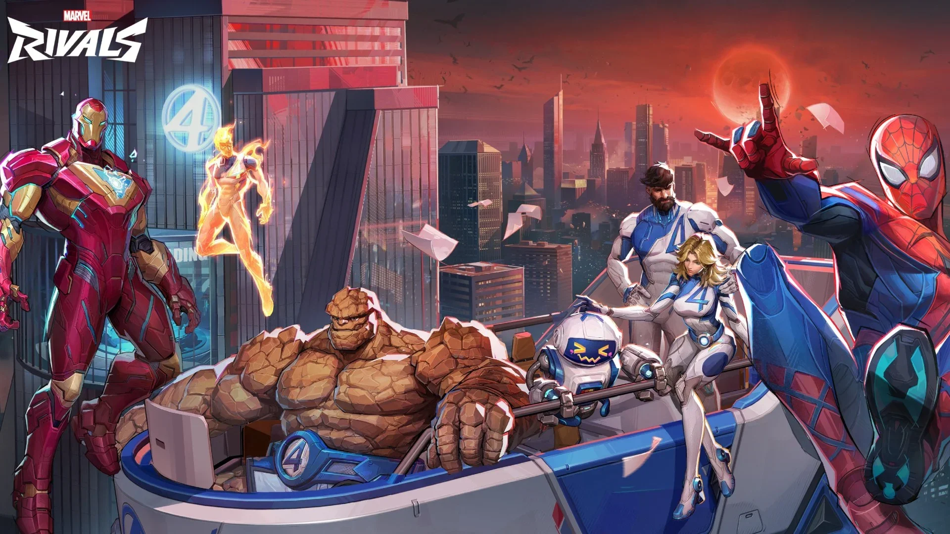 A digital illustration of Marvel's Avengers and Spider-Man in a city skyline at sunset, with heroes including Iron Man, Human Torch, The Thing, Rocket, Captain America, Black Widow, and Spider-Man in heroic poses.