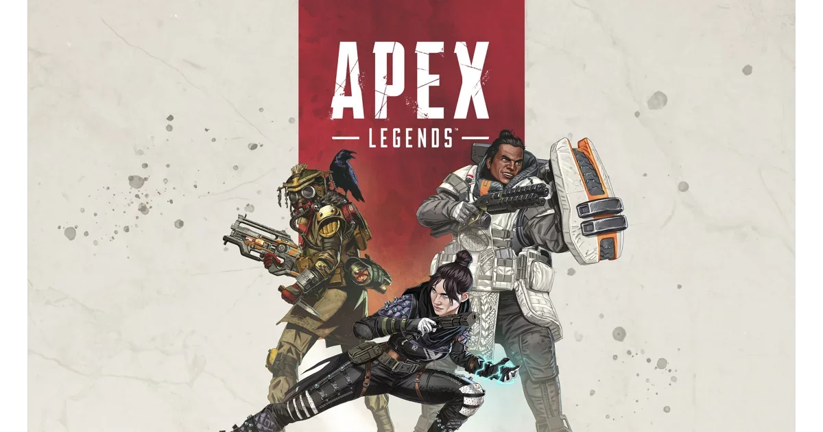 Poster for Apex Legends video game featuring three characters in combat-ready poses