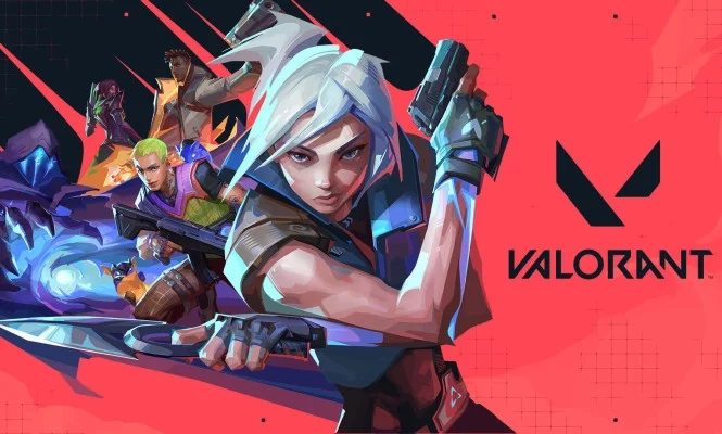 Popular video game characters from Valorant, including a female agent with white hair and guns, against a vibrant red and black background with the Valorant logo.
