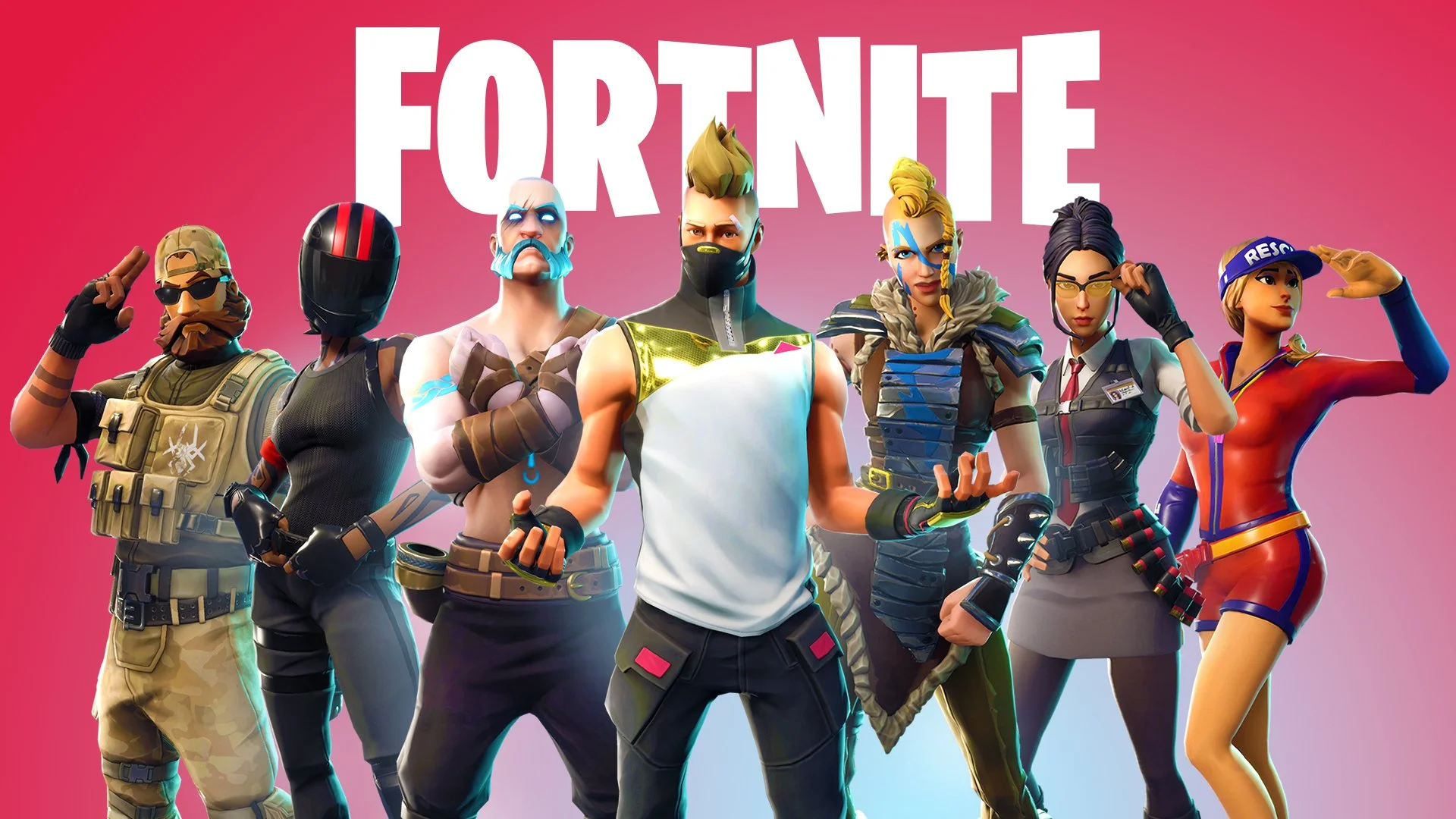 Group of eight Fortnite characters in battle-ready poses against pink background with the Fortnite logo.