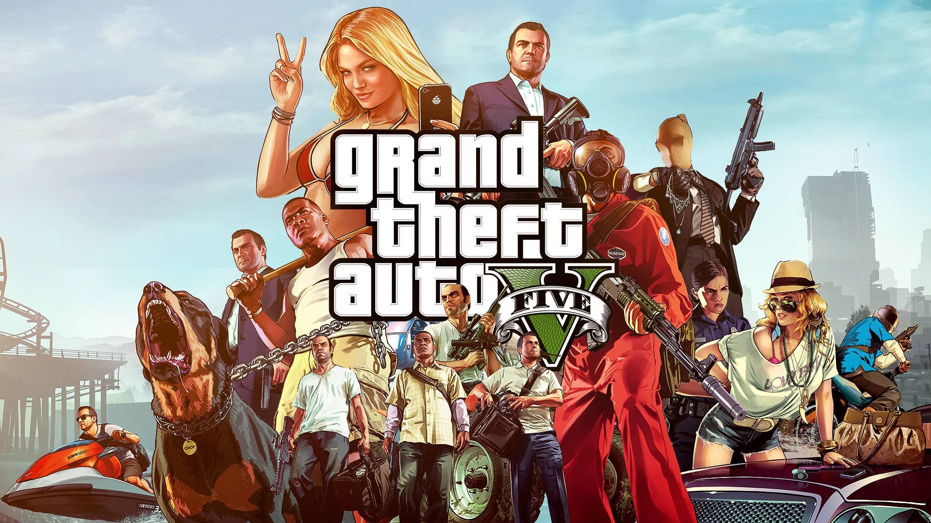 Cover art for the video game Grand Theft Auto V featuring various characters, including a woman making a peace sign, a man in a suit holding a gun, a biker in red, a woman in sunglasses, and a dog, set against a city backdrop.