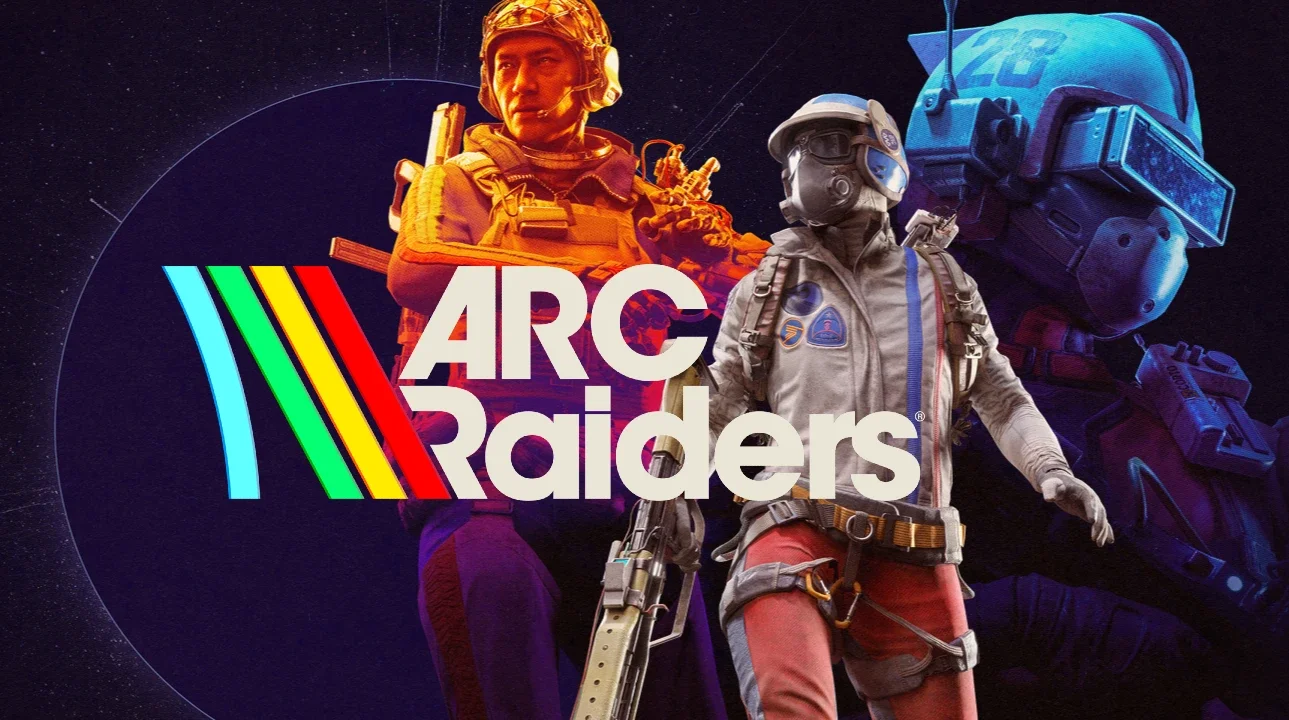 A promotional image for the video game ARC Raiders featuring two humanoid characters in futuristic combat gear, one in orange with a helmet and the other in gray with a helmet and tactical gear, with a large robotic figure in the background and the game title in bold white text.