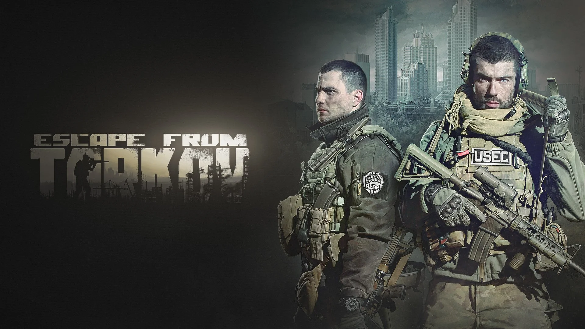 Promotional image from the video game 'Escape from Tarkov' featuring two armed soldiers in tactical gear with a city skyline in the background.