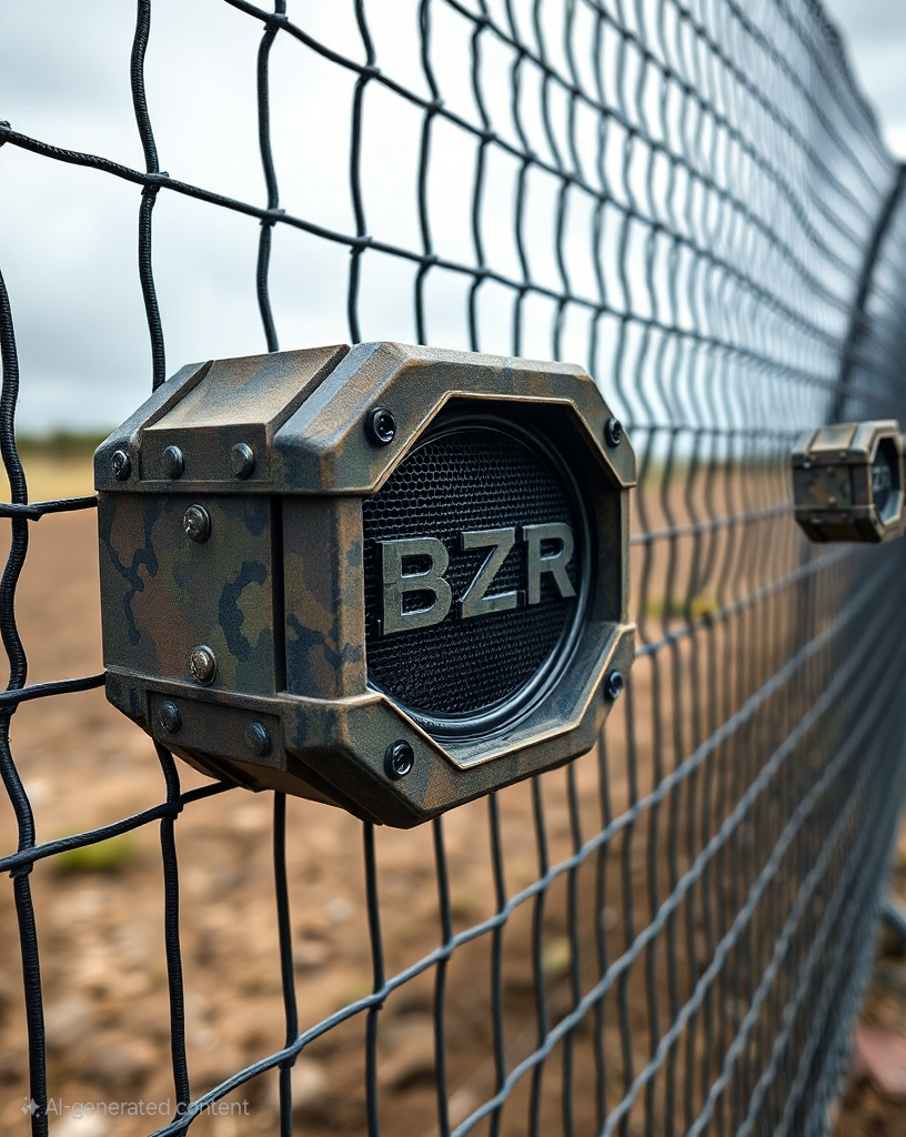 Close-up of a camouflage-colored security camera mounted on a wire fence, with the letters 'BZR' on the front, outdoors in a field.