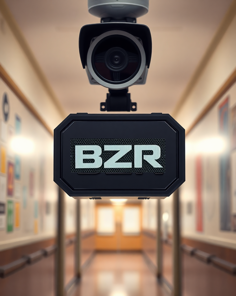 A security camera with a display screen showing the letters 'BZR', mounted in a hallway.