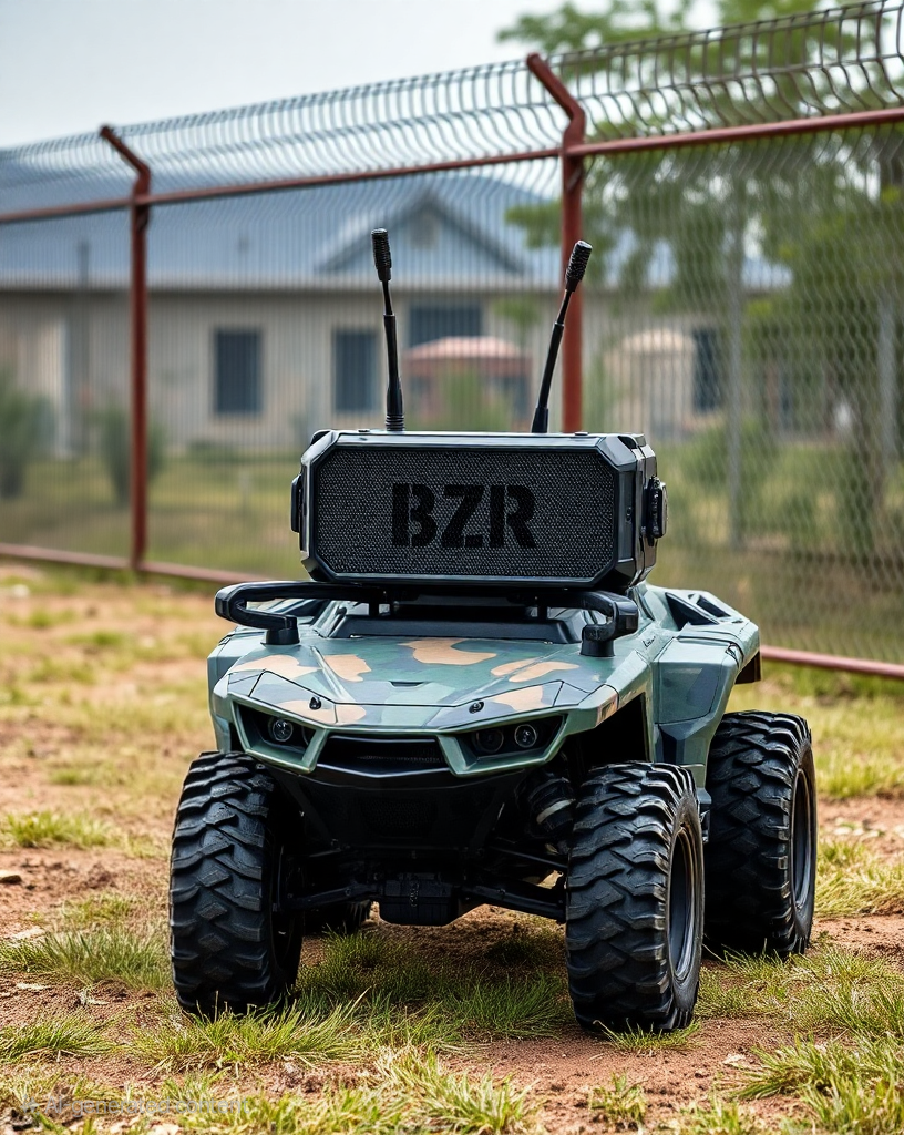 A small remote-controlled vehicle with a camouflage pattern, large off-road tires, and a speaker on top labeled 'BZR,' parked on grass in front of a chain-link fence with buildings and trees in the background.