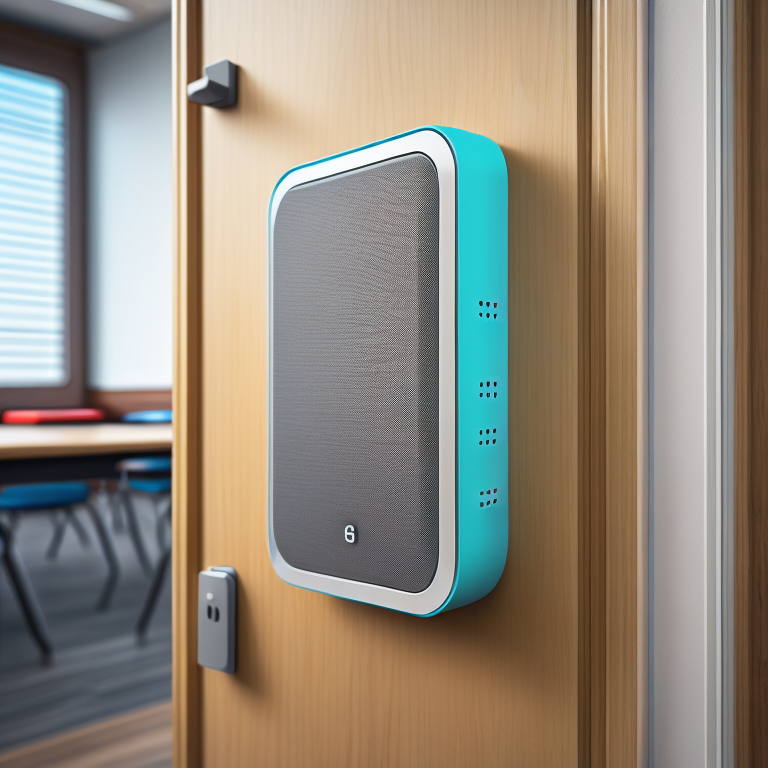 Blue and gray wall-mounted speaker in a room with wooden walls and a window with blinds.