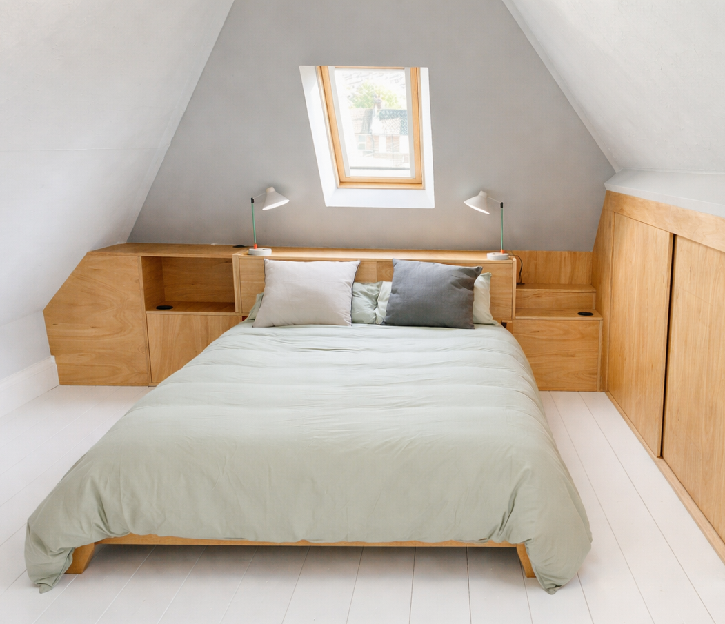 Fitted Bedroom Storage: 
Bedhead and storage unit in natural plywood