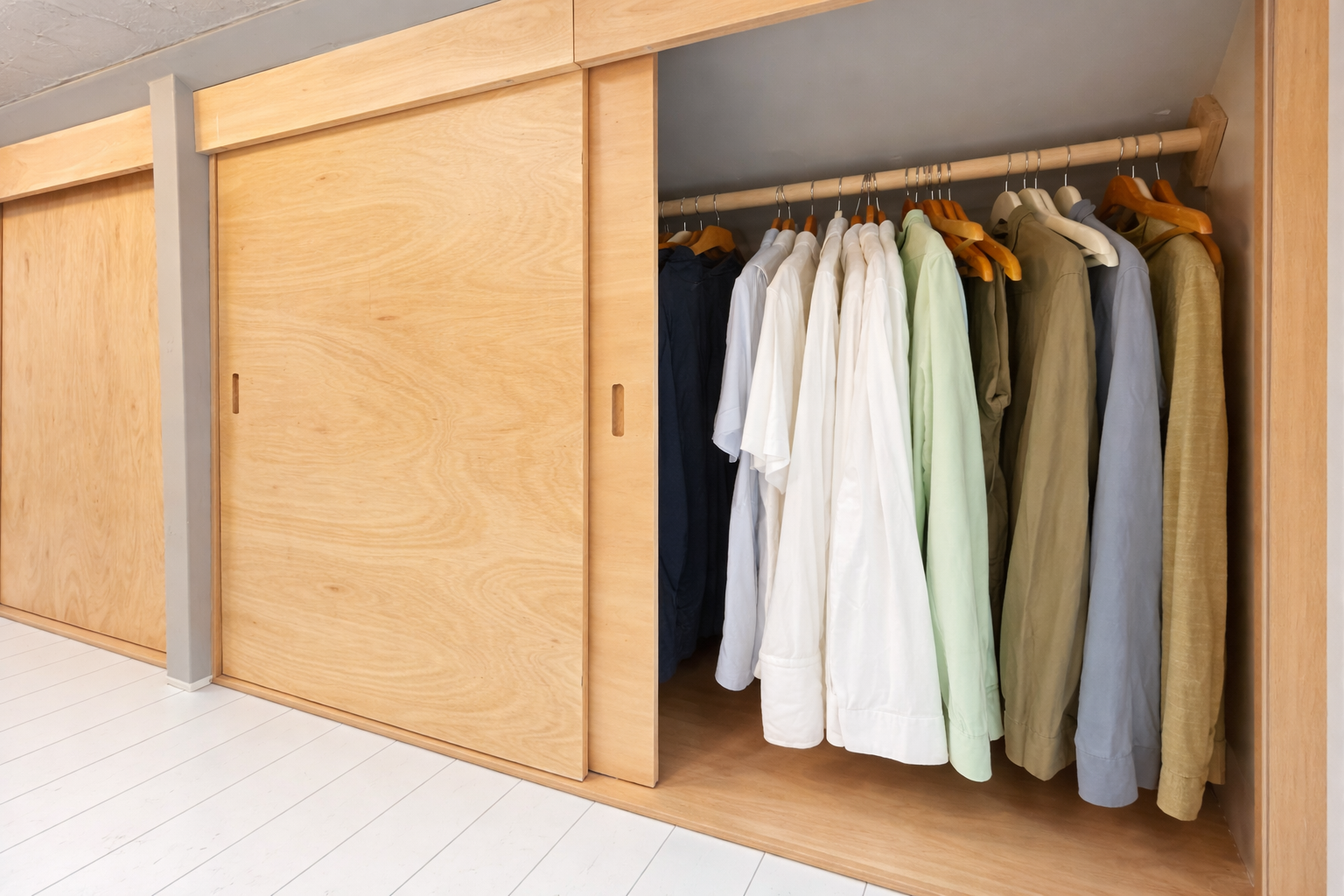 Fitted Bedroom Storage: 
Eaves clothes hanging space behind sliding plywood doors