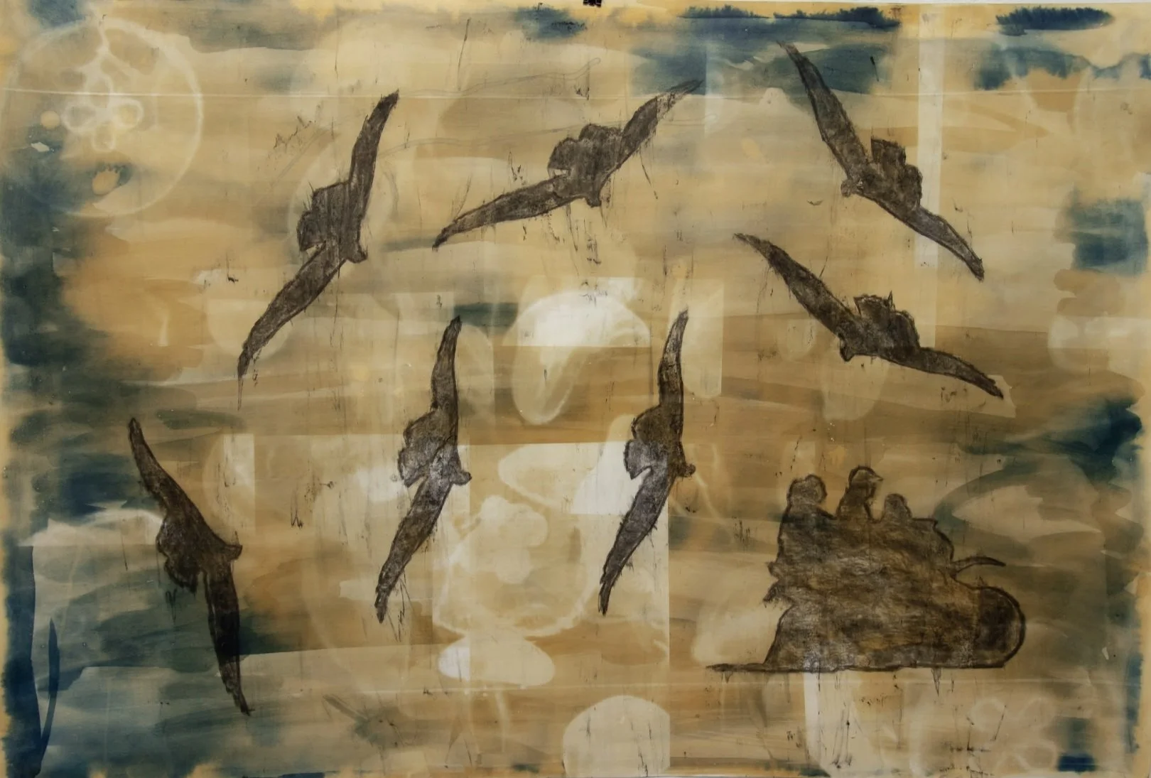 Manifesto II, 2025
—
Cianotipia, chá preto e carvão sobre papel
68x99cm