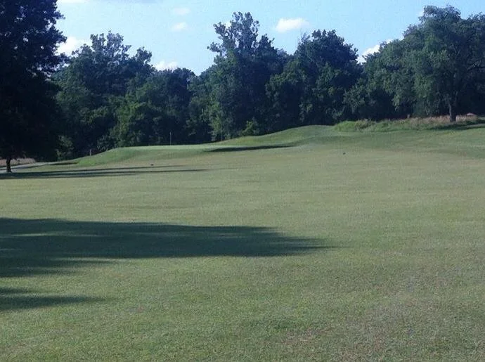 A golf course fairway with green grass, trees in the background, and a partly cloudy sky.