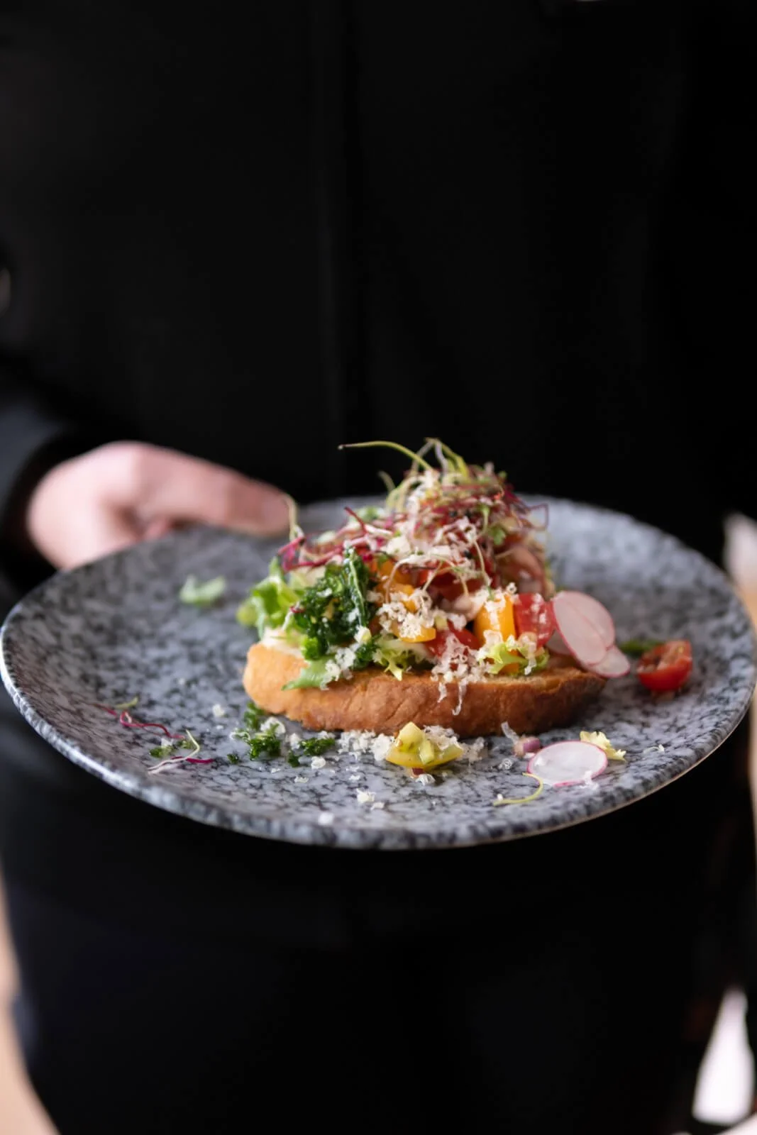 Bild på en tallrik med laxfilé toppad med purjolök och morot, serverad med en mörk sås och kokta spenatblad.