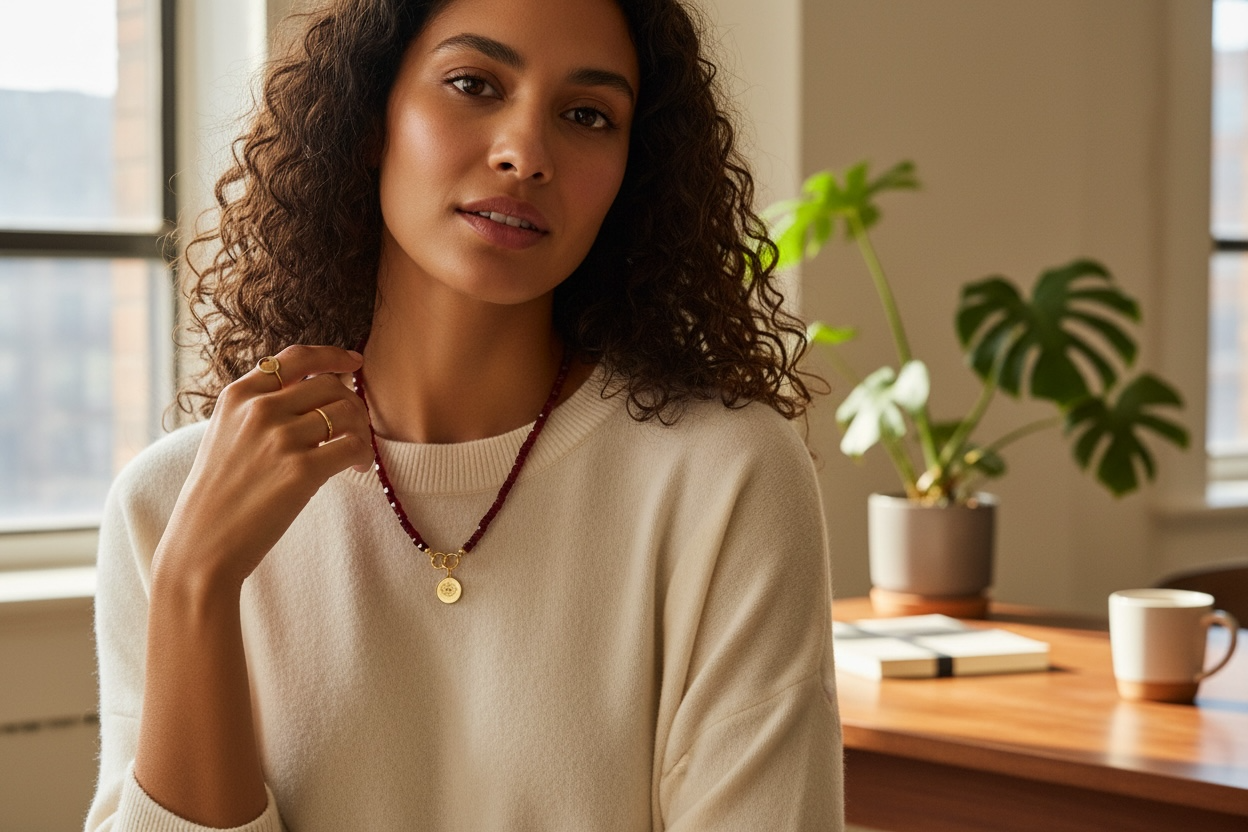 ABÈRA | Crimson Charm Necklace عقد الأحمر القرمزي مع تعليقة ذهبية