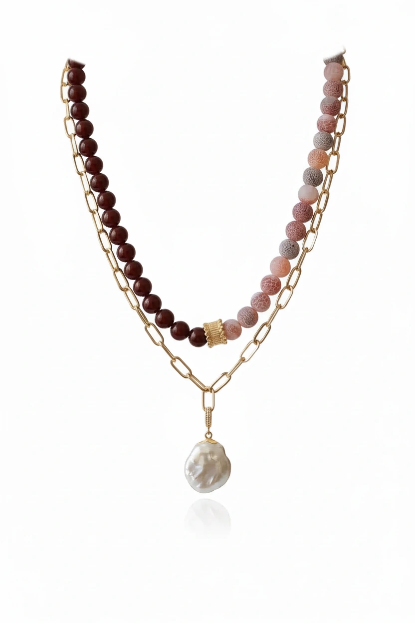 ABÈRA | Agate & Pearl Layered Necklace عقد العقيق واللؤلؤ بطبقتين