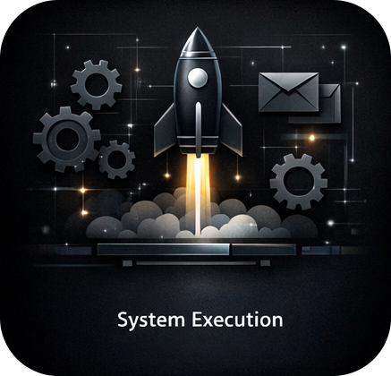 Rocket launching with gears and an envelope icon in the background, with the caption 'System Execution'.
