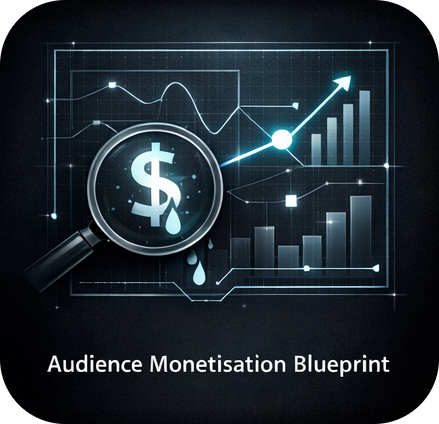 Magnifying glass with a dollar sign over it, showing drops of water, alongside financial charts and upward trend arrows, with the text 'Audience Monetisation Blueprint' at the bottom.