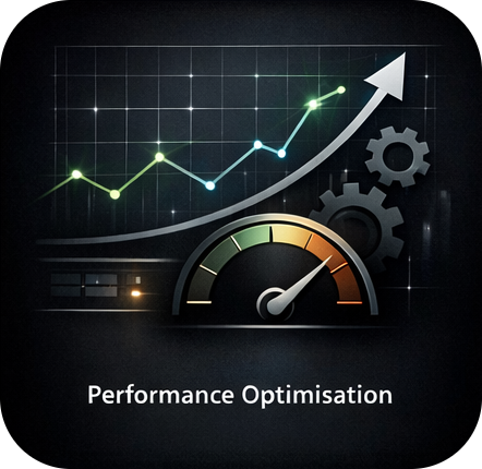 Digital graph with upward arrow, gauge, gears, and the text 'Performance Optimisation' indicating improvement.