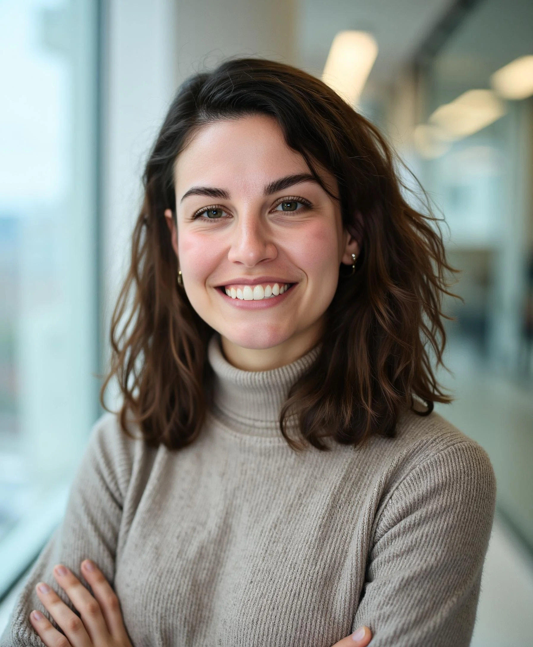 A young woman with dark wavy hair and a warm smile, wearing a beige turtleneck sweater, standing near a large window in a modern indoor setting.