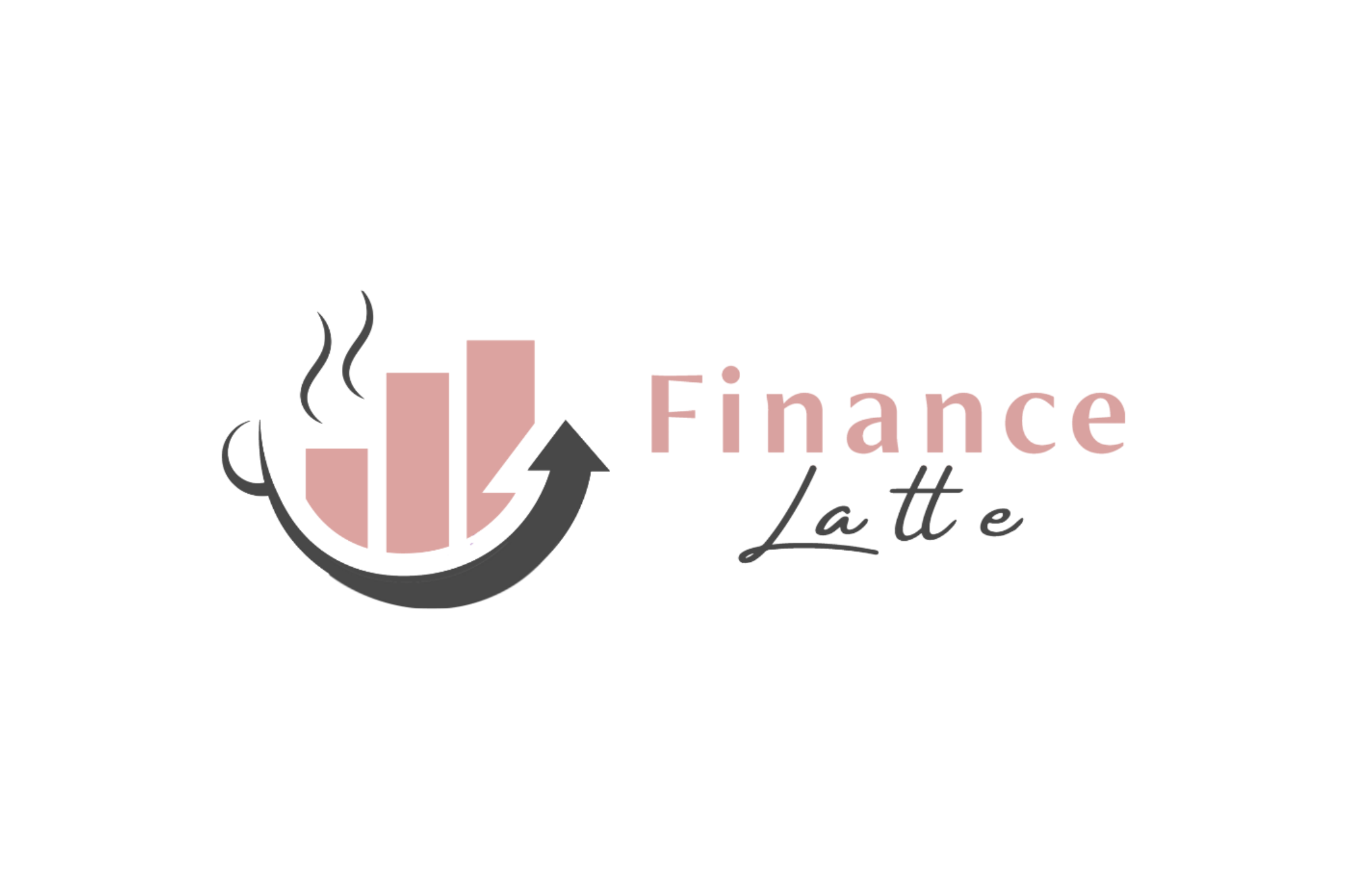 Logo with rising bar graph, coffee cup, and arrow, with text 'Finance Latte' in pink and black cursive.