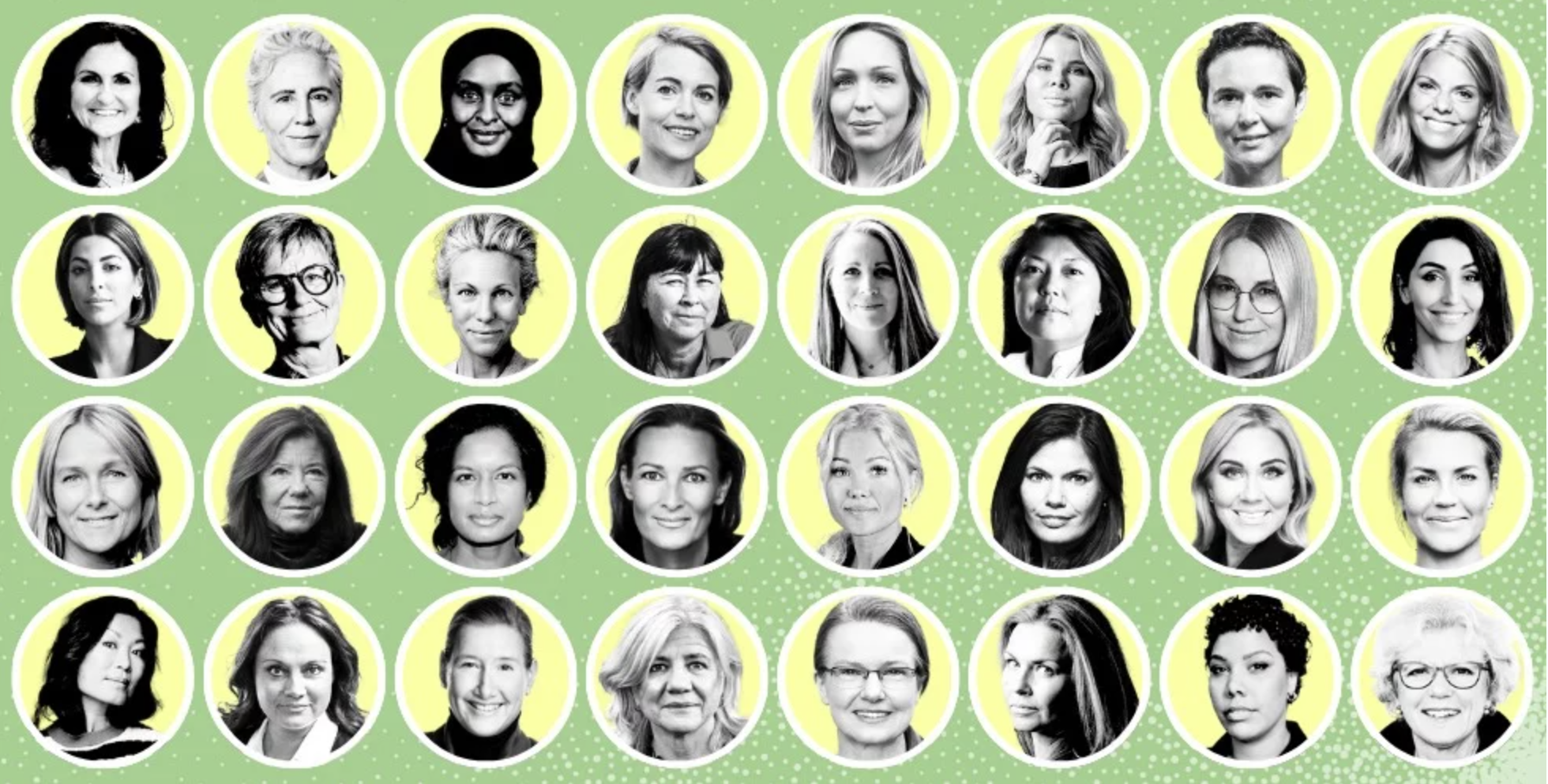 A collage of 30 women, diverse in age and ethnicity, arranged in five rows, each woman's face framed in a circle with a yellow border on a green background with small polka dots.