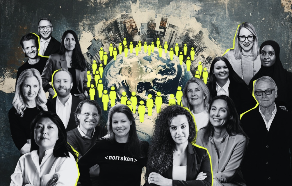 Collage of diverse professional individuals around a globe with digital cityscape background, highlighted with yellow outlines.