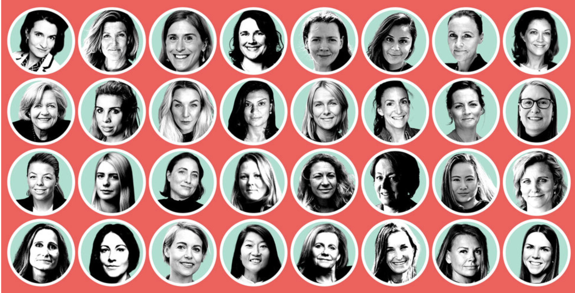 A collage of 36 black and white headshots of women, each within a circular frame, set against a red background with turquoise circles behind each photo.