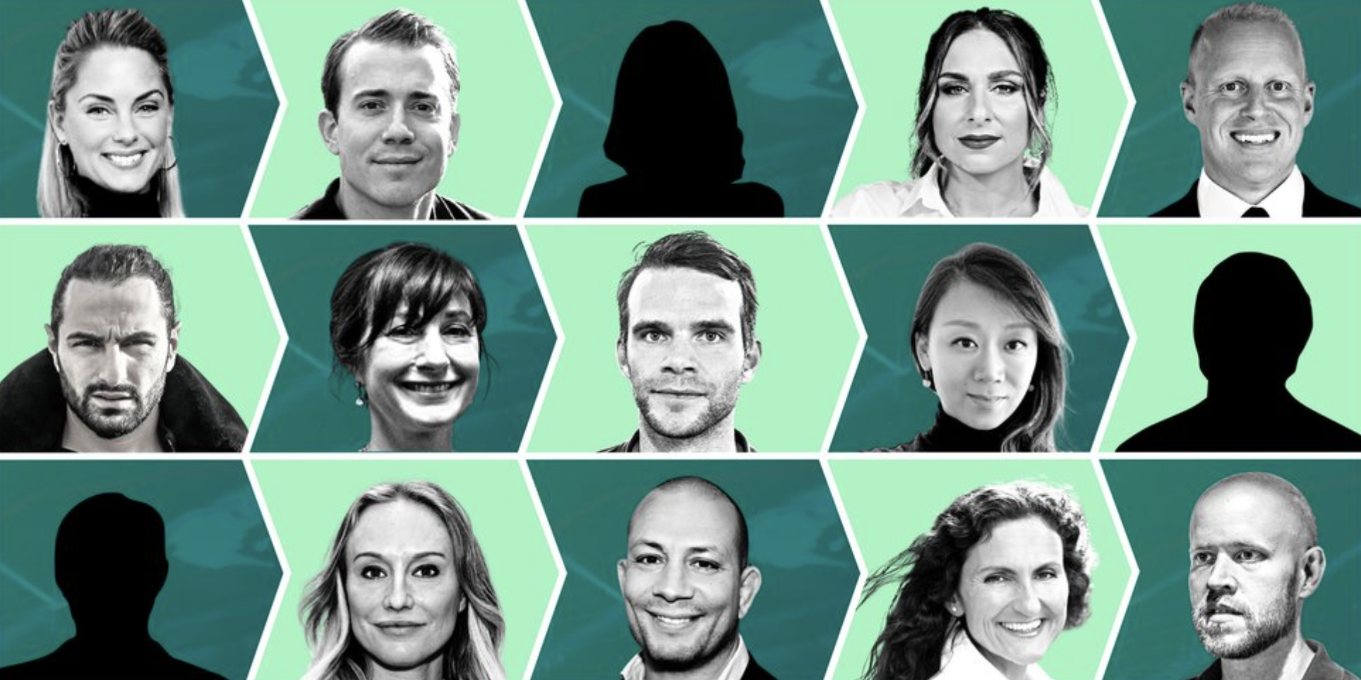 Collage of black-and-white portrait photos of diverse men and women arranged in a grid, some with silhouettes, with a blue abstract background.