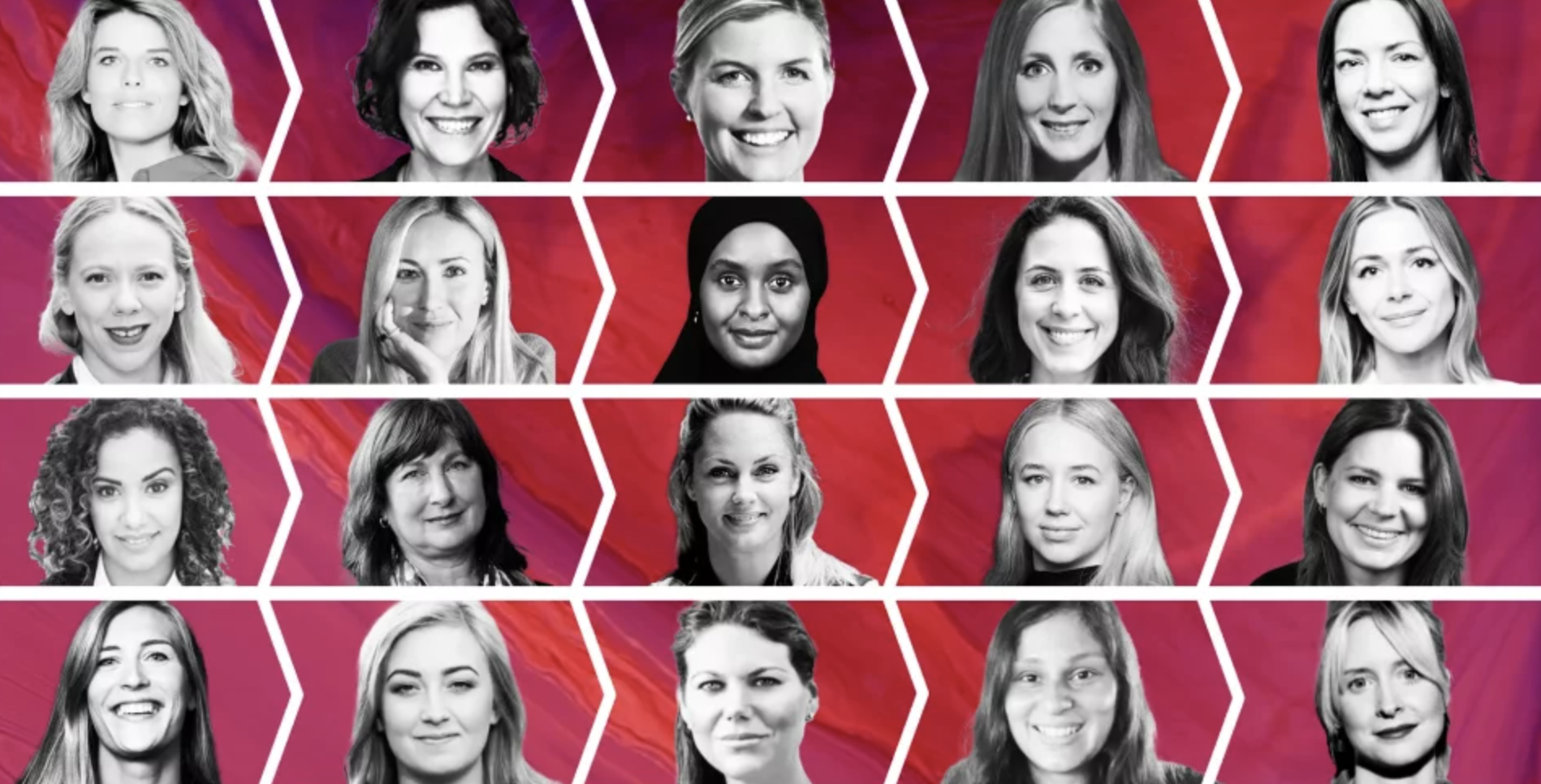 Collage of 20 women's headshots in a grid with a red and pink background, some in black and white and some in color.