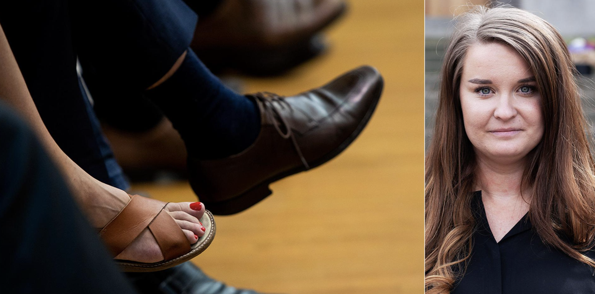 Close-up of a woman's foot with red nail polish wearing a tan sandal, next to a person's brown leather shoe, with a blurred background. The right side features a woman with long reddish-brown hair and blue eyes, wearing a black shirt, smiling softly, outdoors.