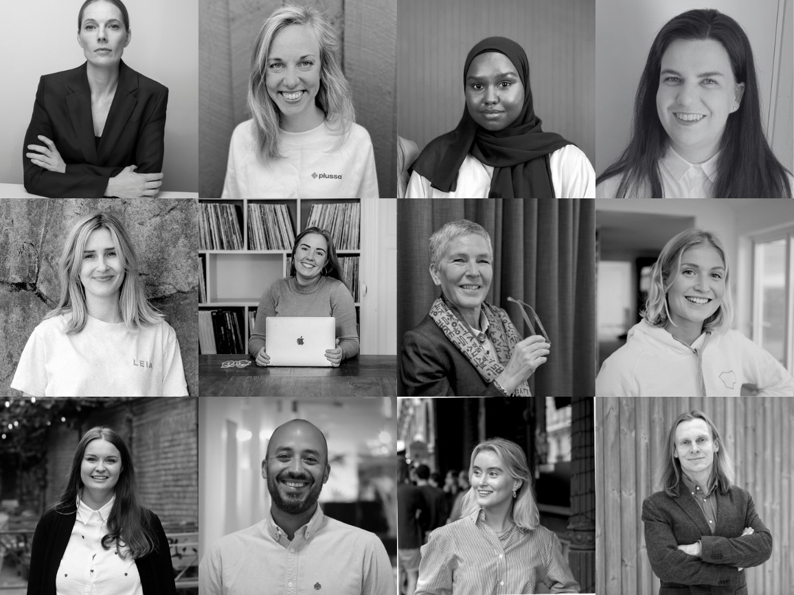 Collage of twelve black-and-white portraits of diverse individuals, mostly women, in various settings.