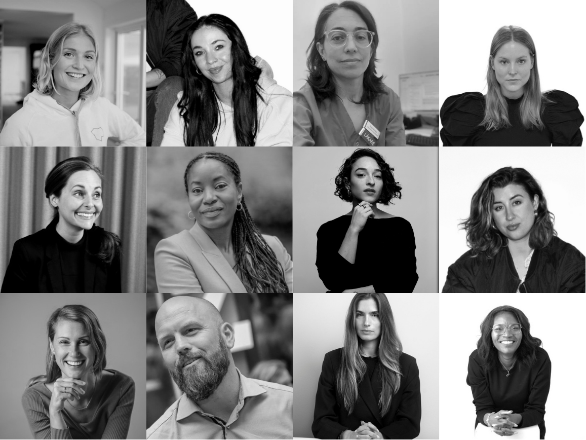 Collection of headshots of diverse women and one man, all in black and white, in various professional and casual settings, with neutral or smiling expressions.