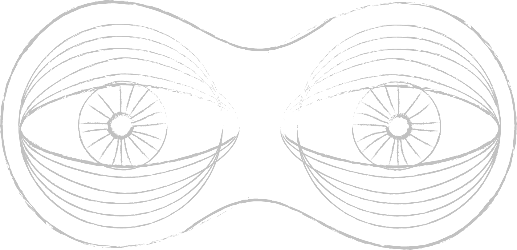 A digital line drawing of two human eyes with spiral pupils, detailed with lines indicating the iris and eyelashes, set against a black background.