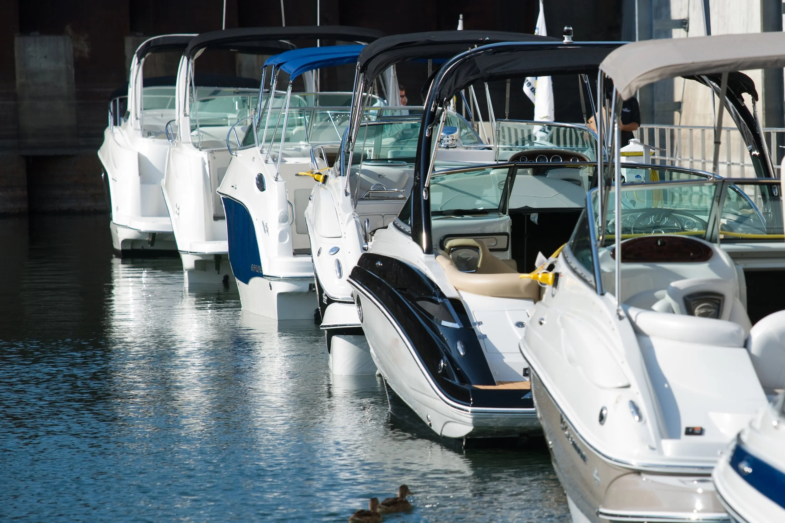 A photograph of several boats lined up along the water.