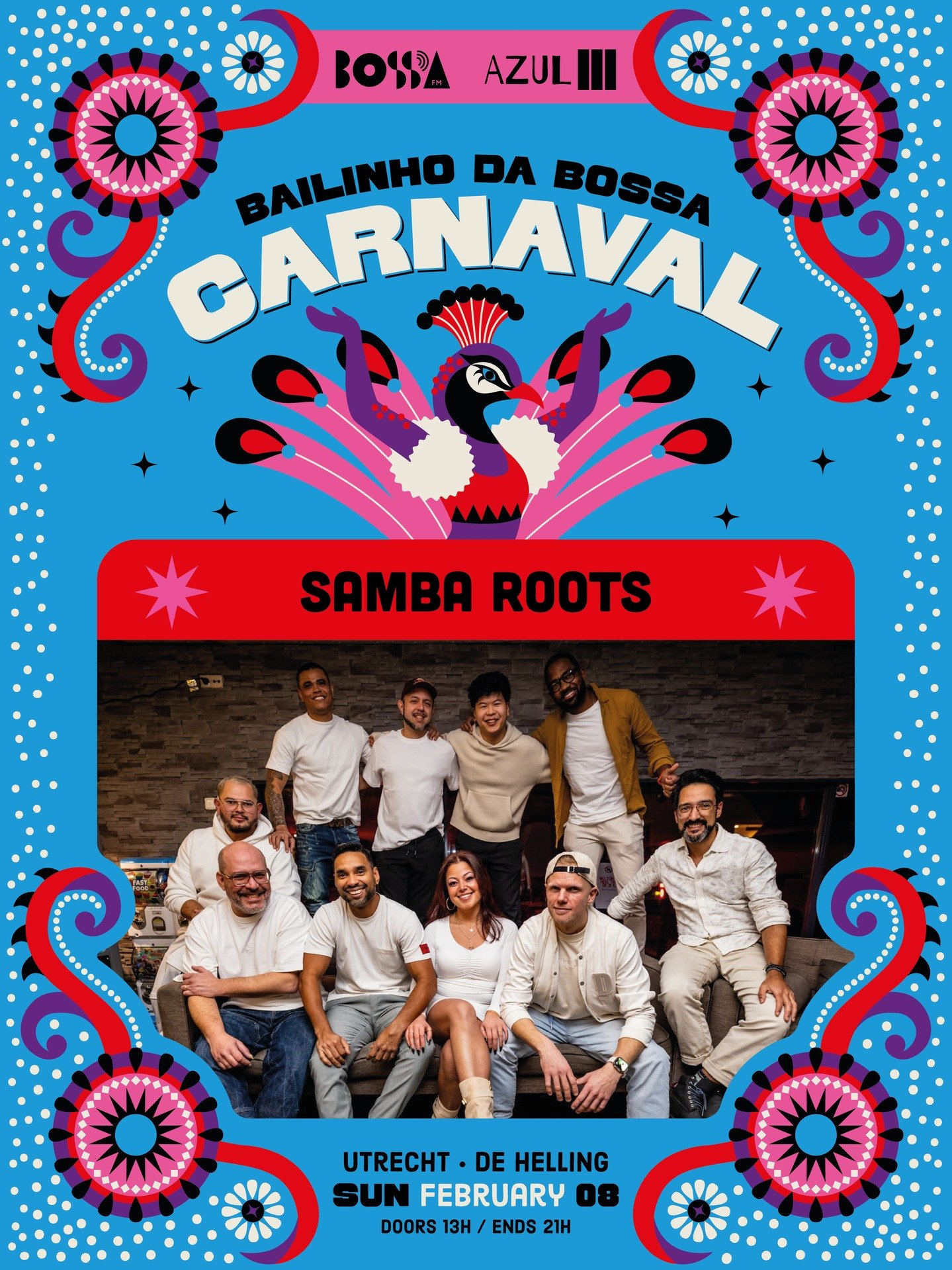 Celebration poster for the Bossa Azul III Carnival, featuring Samba Roots band with a group photo of ten people, and colorful decorative flames and dots in blue, pink, and red.