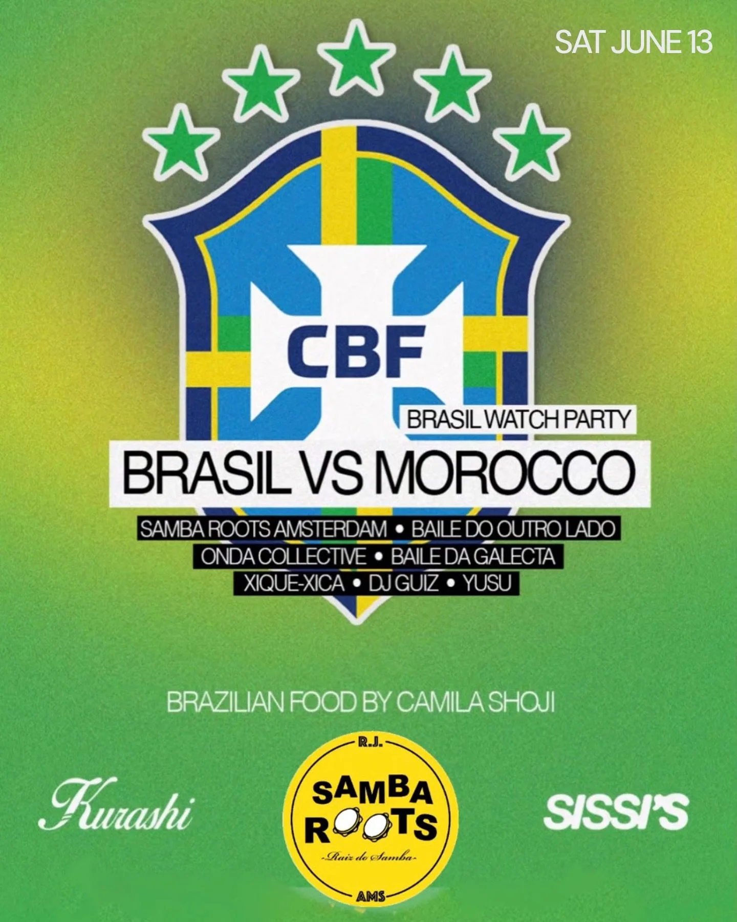 Torcidaaa!! Are you ready? 🇧🇷🇧🇷🇧🇷

Kick off the World Cup the Brazilian way at Sissi&rsquo;s with a viewing of Brazil&rsquo;s first match against Morocco.
We&rsquo;re starting early with a full Brazilian takeover, building up towards kick-off w