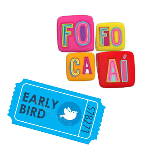 Colorful alphabet blocks spelling 'FOFO CA AI' and a blue early bird ticket with a bird icon.