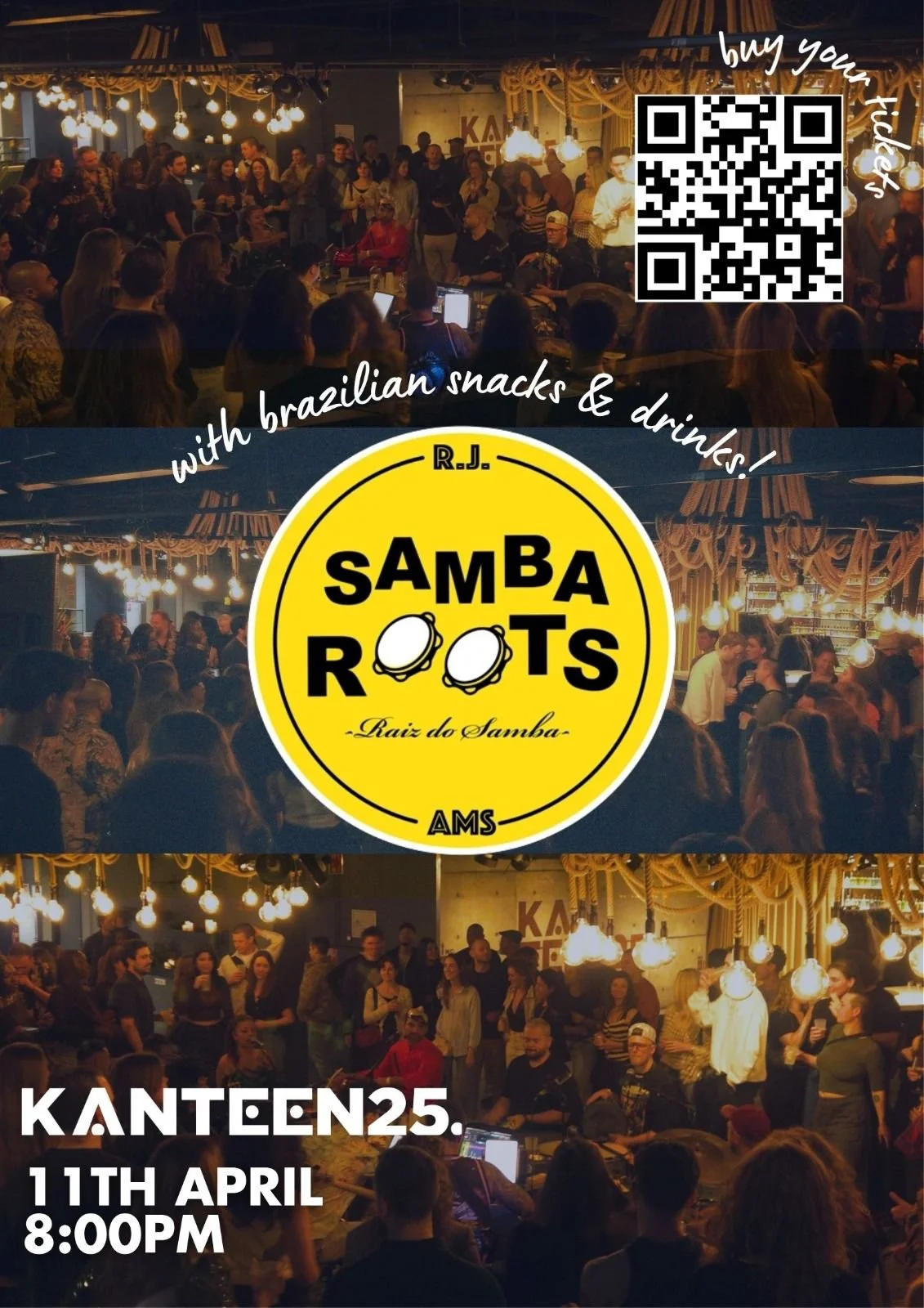 People dancing at a samba roots event on April 11th at 8:00 PM, with a logo featuring the text 'Samba Roots'.