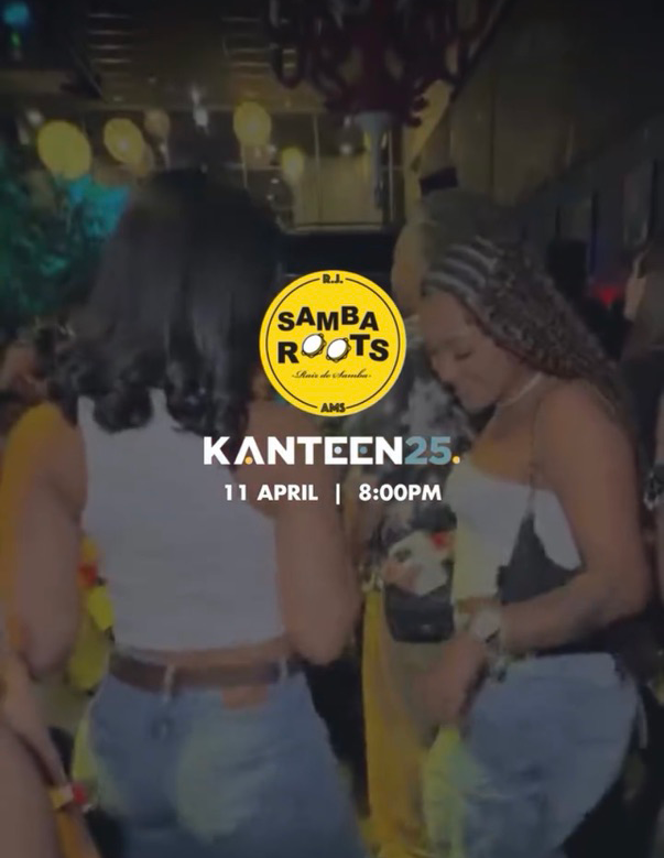 A promotional poster for a samba roots music event at the Kanteen, featuring two women at a party or concert. One woman has dark, shoulder-length hair and is wearing a white top and blue jeans; the other has braided hair and a sleeveless top with a flower design. The event is on April 11 at 8:00 PM.
