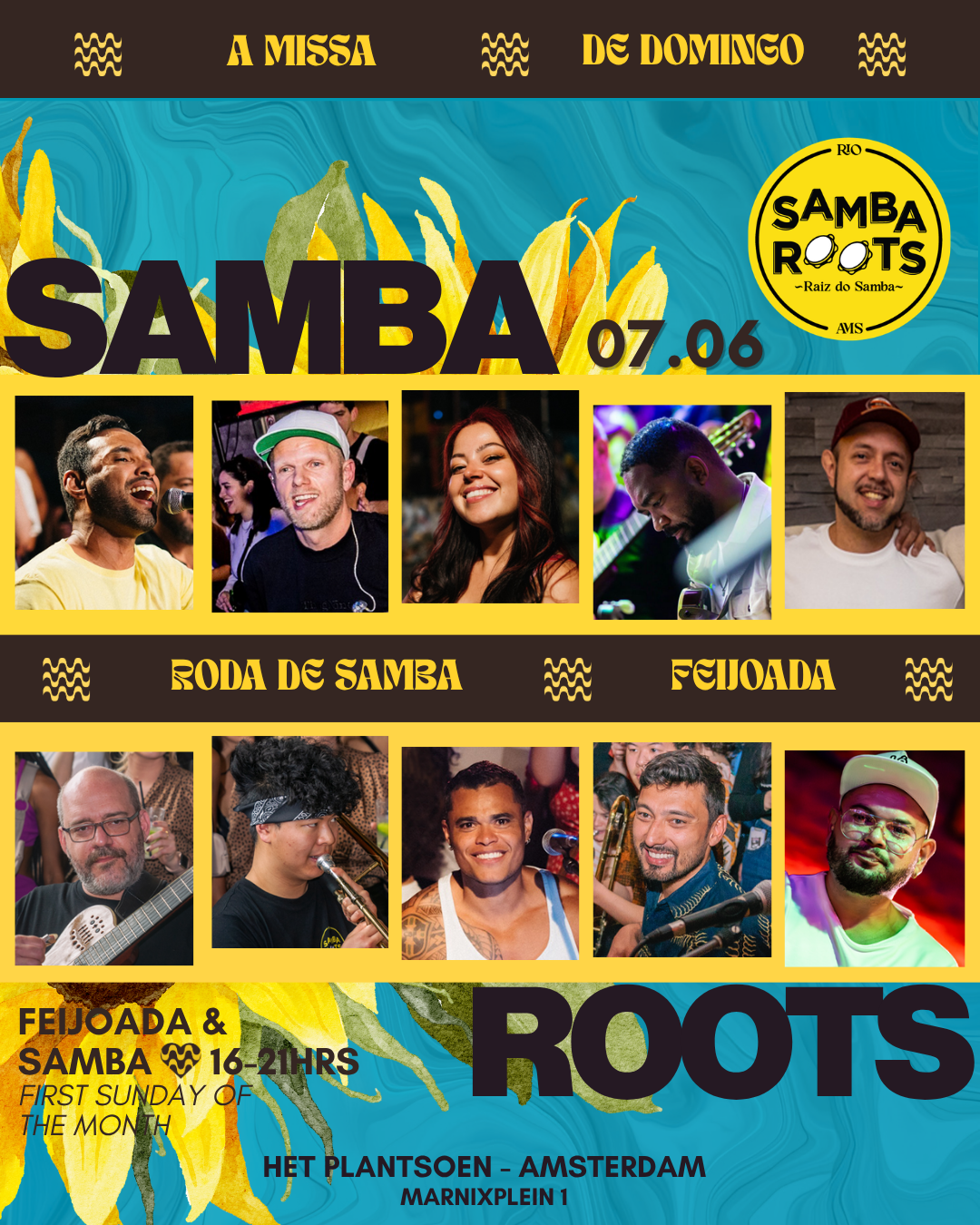 A promotional poster for a samba roots music event at the Kanteen, featuring two women at a party or concert. One woman has dark, shoulder-length hair and is wearing a white top and blue jeans; the other has braided hair and a sleeveless top with a flower design. The event is on April 11 at 8:00 PM.
